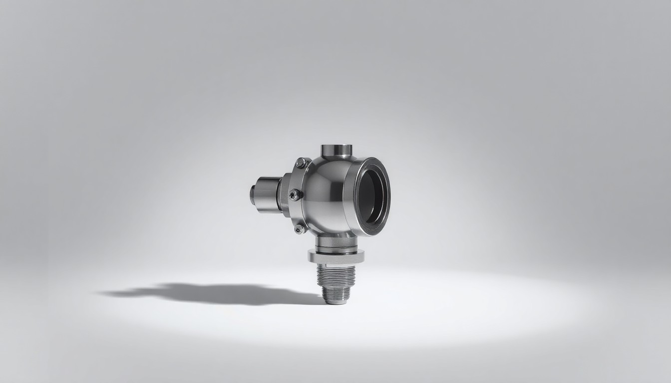 A photorealistic studio still-life image of a polished steel oil and gas equipment component, such as a valve or sensor, arranged elegantly on a clean, monochromatic background and dramatically lit to convey the abstract corporate strategy and financial performance of the energy industry.