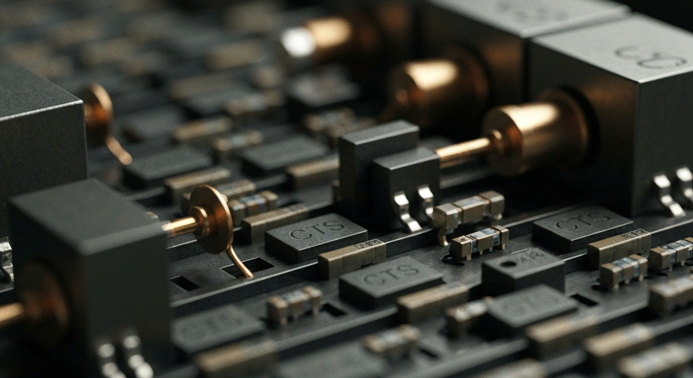 An extreme close-up of various electronic components and sensors, conveying the complex, industrial nature of CTS Corporation's product portfolio without using any text or identifiable branding.