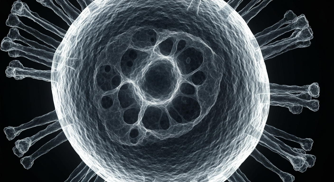 A highly detailed, ghostly X-ray photograph of a measles virus particle, revealing its intricate internal structure against a dark background, conveying the clinical nature of this public health issue.