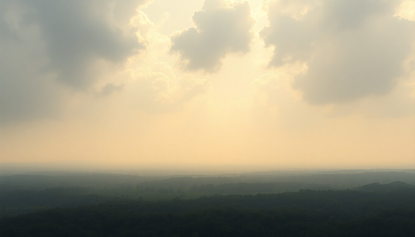 A sweeping, atmospheric landscape painting in muted tones of green, blue, and gray, capturing the vast scale of the Florida Everglades under a cloudless, oppressive sky, with any visible structures or vegetation dwarfed by the overwhelming natural conditions.