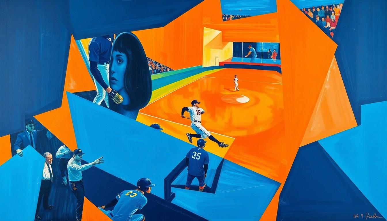 A cubist, geometric painting depicting a baseball player in motion, with overlapping planes of navy, sky blue, and orange colors representing the dynamic nature of the sport.