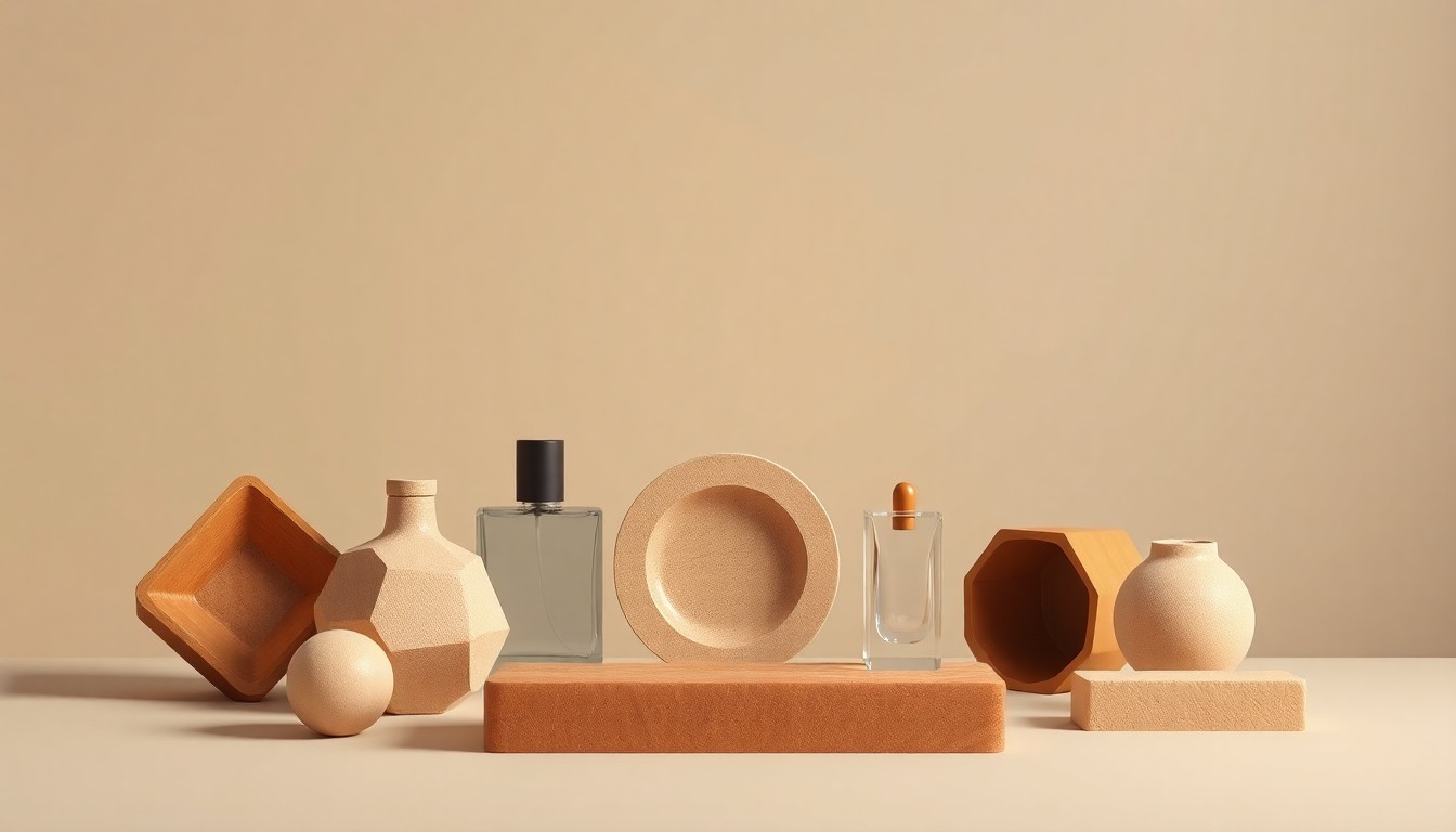 A minimalist, photorealistic studio still life featuring a collection of premium, geometric objects in muted, earthy tones arranged elegantly on a clean, monochromatic background, symbolizing the abstract concepts of corporate strategy, leadership transition, and the evolving identity of the Fear of God brand.