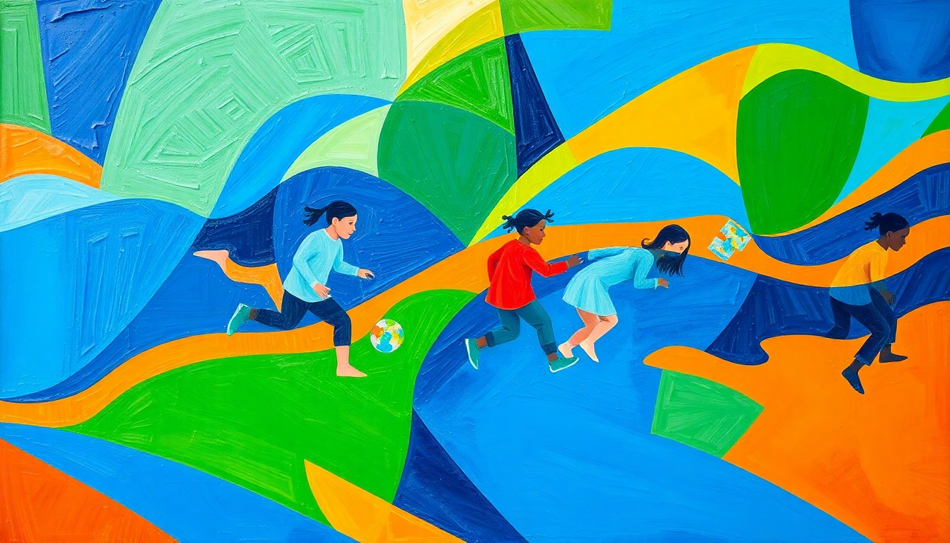 A dynamic, abstract painting featuring overlapping, fractured geometric shapes in shades of blue, green, and orange, conceptually representing the complex politics and policy debates surrounding the launch of New York City's free 2-K early childhood education program.