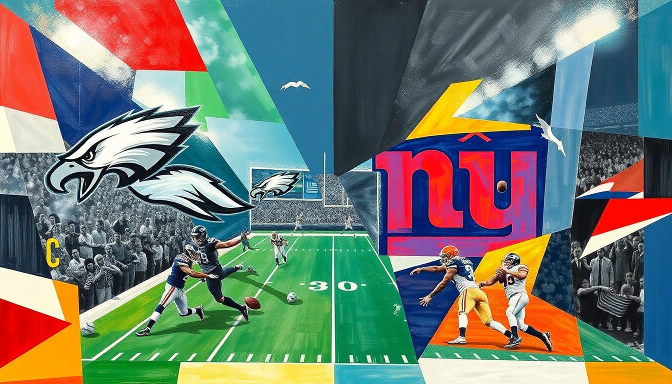 A cubist, geometric painting depicting a football game between the Philadelphia Eagles and New York Giants, with the players and field broken down into sharp, overlapping planes of color and shape, conveying the dynamic energy and shifting perspectives of the sport.