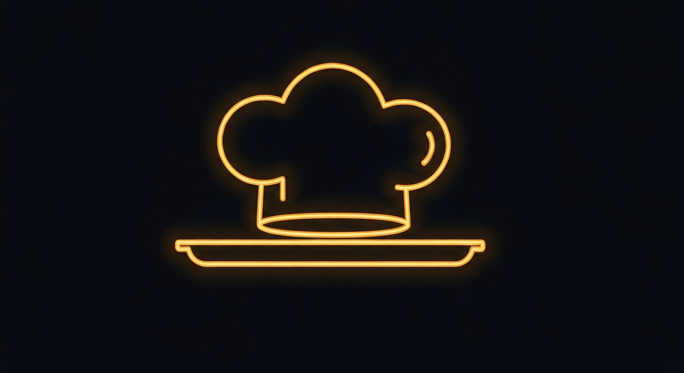 A minimalist design in the style of Keith Haring, with a glowing neon outline of a chef's hat or food service tray against a deep, dark background, conceptually representing the health and safety issues in the local food industry.