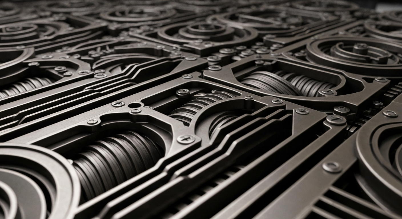 An extreme close-up of a series of gears, levers, and metal components that make up the inner workings of a large banking machine, conveying the tangible, industrial nature of financial infrastructure.