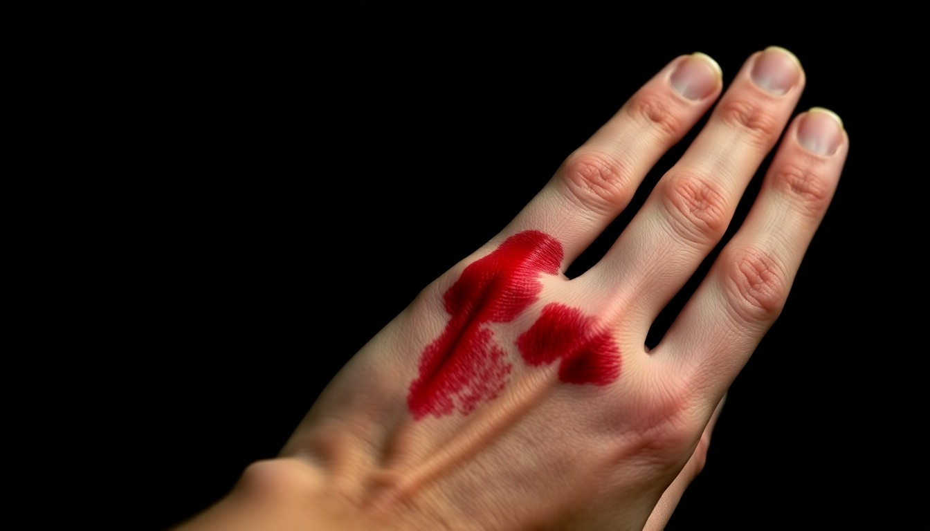 An extreme close-up of a retail employee's hand with a red mark, dramatically lit by a harsh camera flash against a pitch-black background, conceptually representing the physical assault on a service worker.