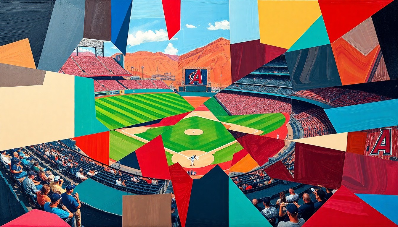 A fractured, multi-perspective painting in bold, geometric shapes and colors representing a Diamondbacks spring training practice session, capturing the energy and potential of the team's mix of prospects and established stars.
