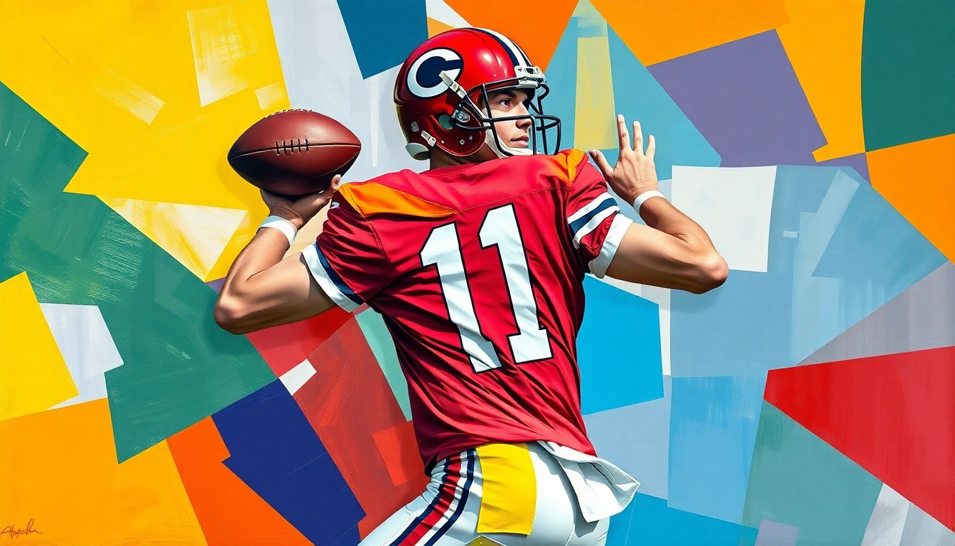 A fragmented, geometric painting depicting a college football quarterback in motion, broken down into sharp, overlapping planes of color, conceptually representing the complexities of Florida State's quarterback strategy.