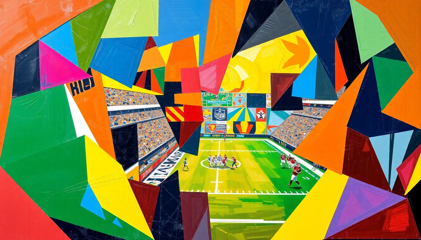 A cubist, geometric painting depicting a fragmented and overlapping scene of a UFL football game, with the players and field broken down into sharp, angular shapes and planes in the team's official colors.