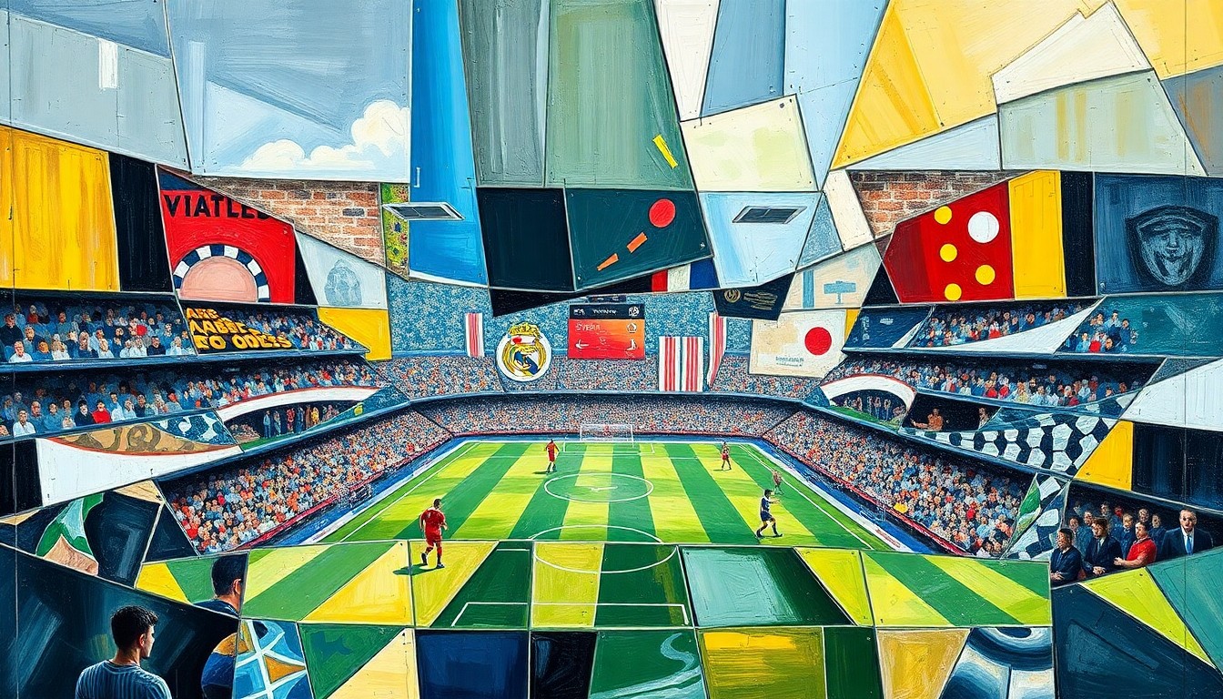 A cubist-style painting depicting a fragmented, multi-angled view of a Champions League soccer match, with players and the field broken down into sharp, overlapping geometric shapes and planes.