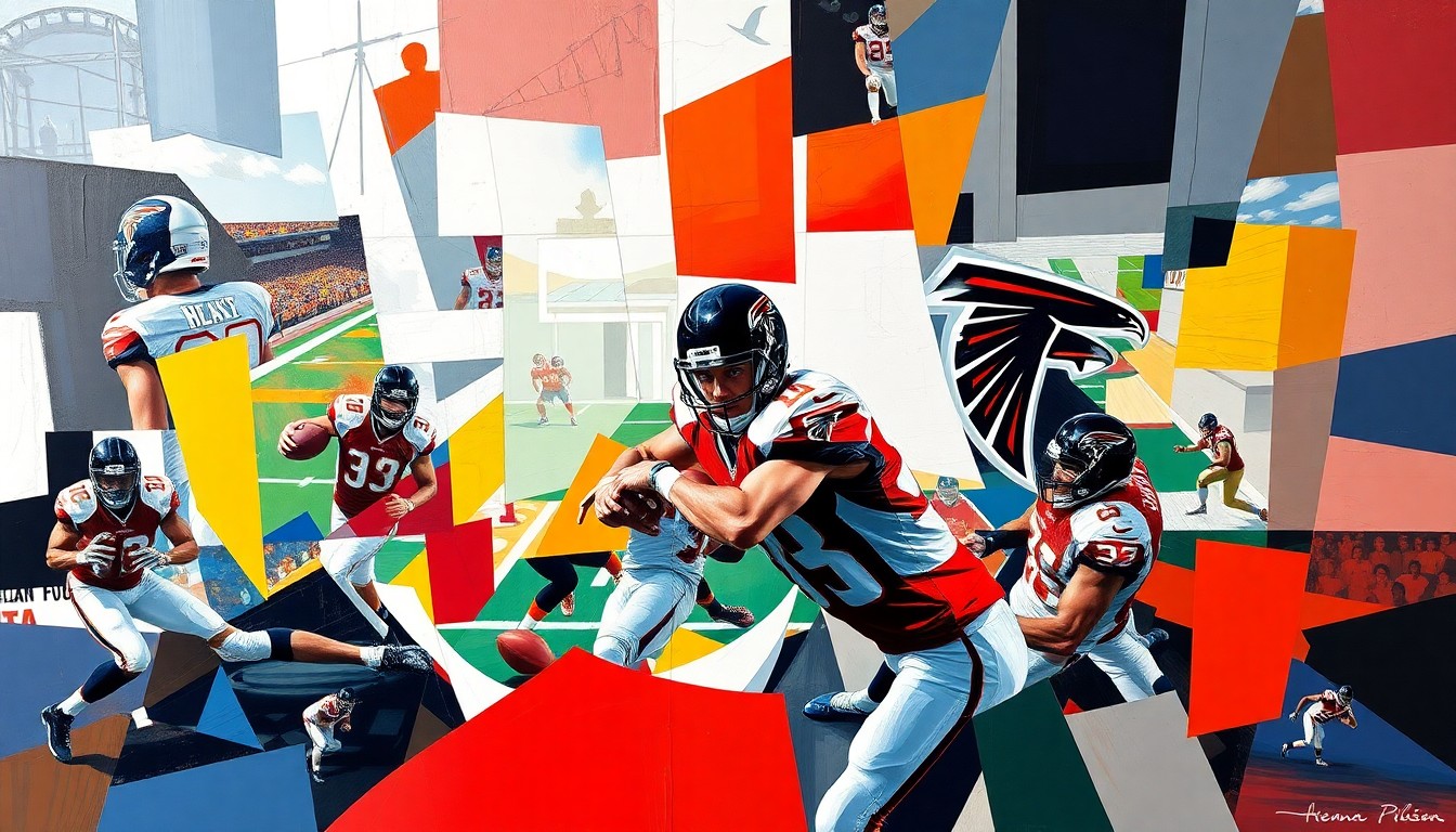 A cubist, geometric painting depicting a fragmented football player in motion, with sharp planes of red, black, and white representing the Atlanta Falcons' team colors.