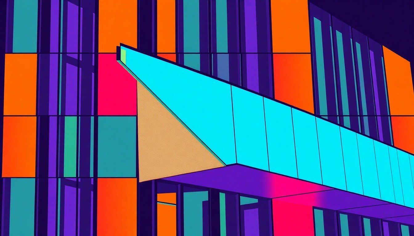 A high-contrast silkscreen print featuring a repeating pattern of an angular, stainless steel architectural element from the Weisman Art Museum, rendered in a bold, neon color palette that transforms the building's design into a modern pop art statement.