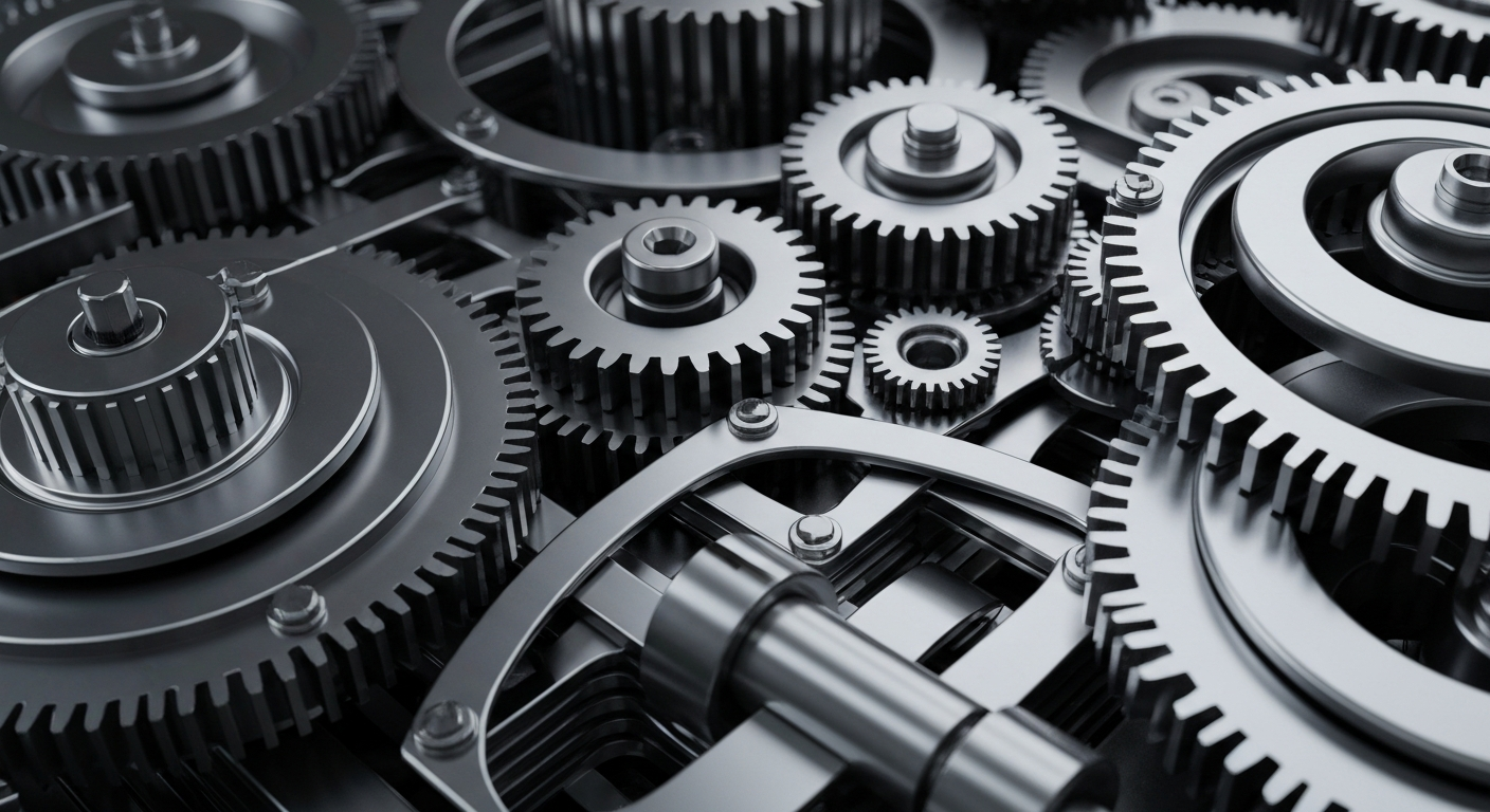 A highly detailed, cinematic macro photograph of the complex, interlocking metal gears and components that make up the physical infrastructure of the banking and finance industry, conveying a sense of the institutional power and financial security that underpins global markets.