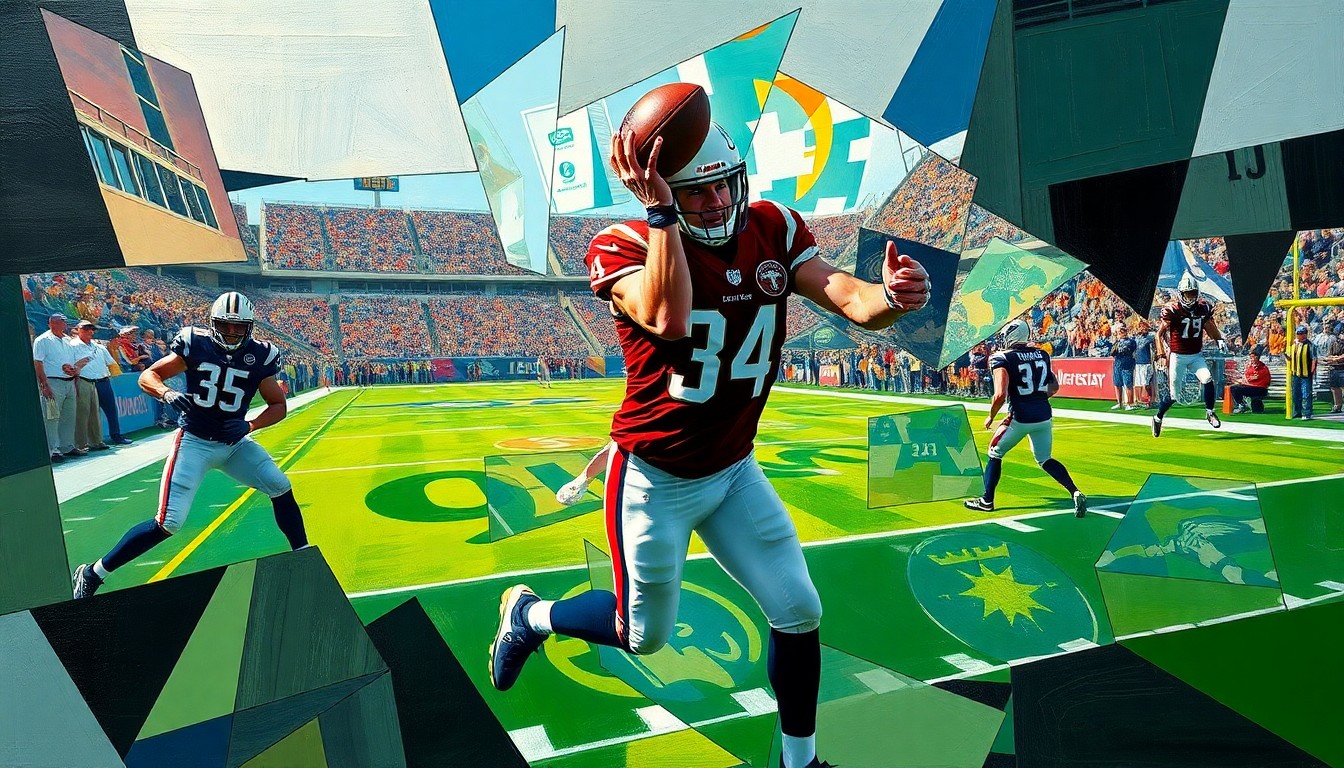 A cubist-style painting depicting a football player, likely Dallas Goedert, making a catch, with the scene broken down into sharp, overlapping geometric shapes and planes in a vibrant color palette, conceptually representing the difficult roster decisions facing the Eagles.