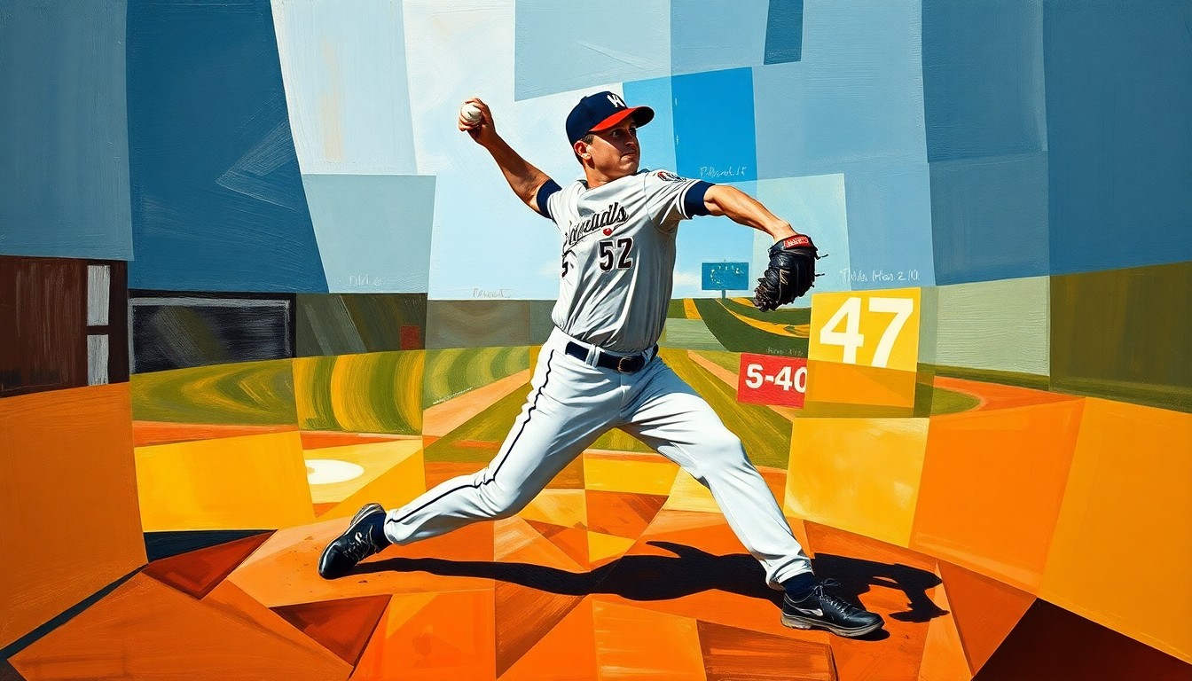A cubist-style painting depicting a baseball pitcher's windup and delivery broken down into sharp, overlapping geometric shapes and planes, conveying the complex strategic considerations behind the Pirates' pursuit of Framber Valdez.