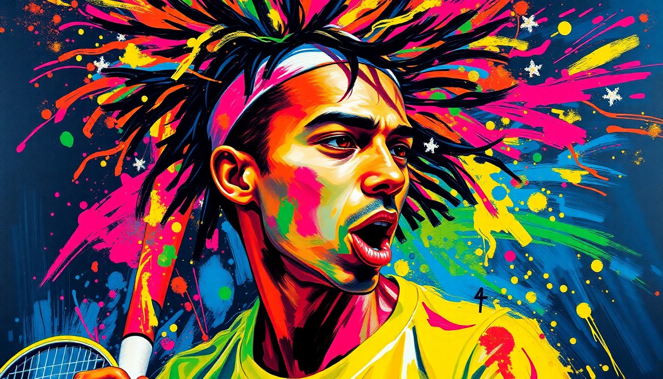 An abstract, expressionist painting in vibrant neon colors depicting the blurred, fragmented form of a tennis player with kinky, natural hair, capturing the raw energy and movement of the sport while highlighting hair as a symbol of self-expression.