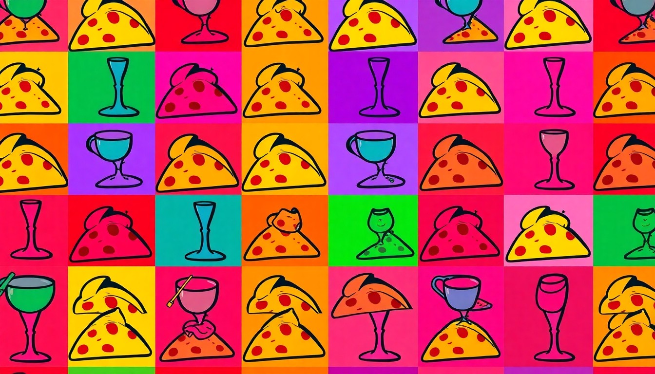 A vibrant, silkscreen-style grid of a single Italian food item, such as a pizza slice or pasta dish, rendered in a bold, neon color palette with heavy black outlines, conceptually representing the creative, inclusive dining experience at Clementina.