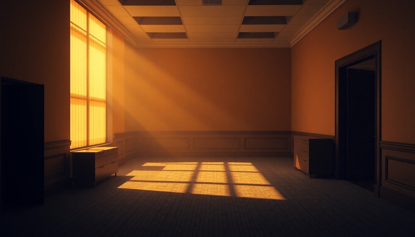 A dimly lit, cinematic painting of an empty government office space, with warm sunlight streaming through the windows and deep shadows cast across the room, creating a sense of tension and unease.