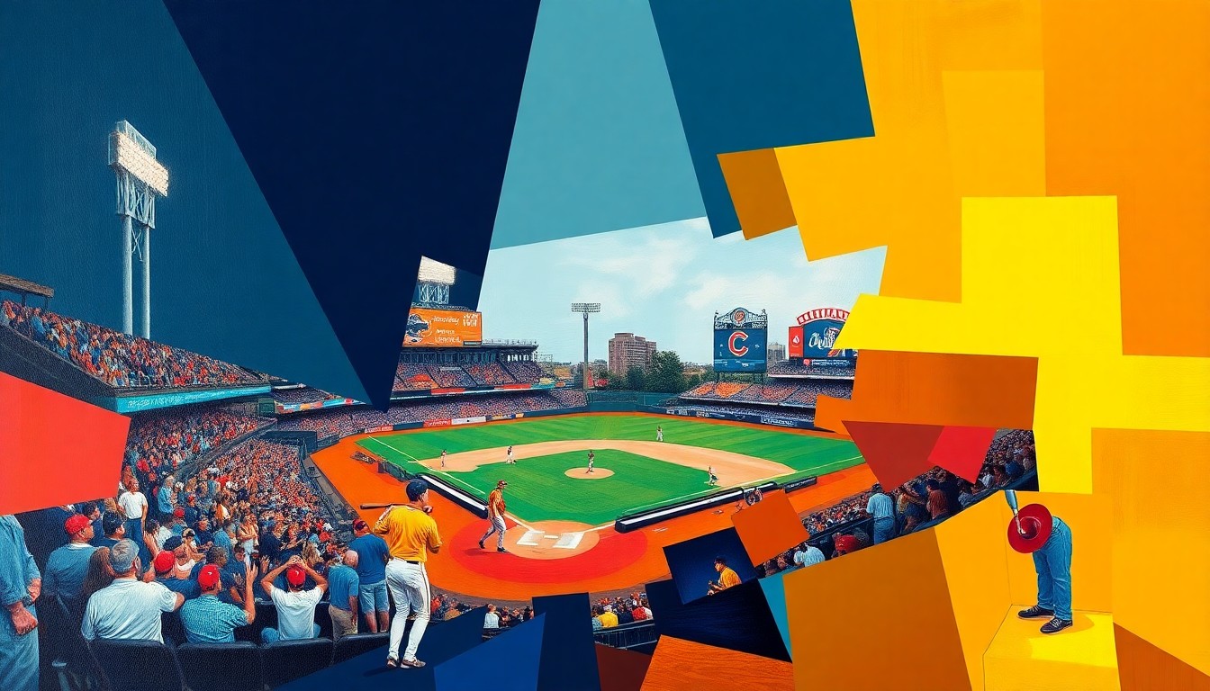 A cubist-style painting featuring overlapping geometric shapes and planes in the official colors of the Cleveland baseball team, representing the fragmented and multifaceted nature of Joe Charboneau's career as a baseball legend.