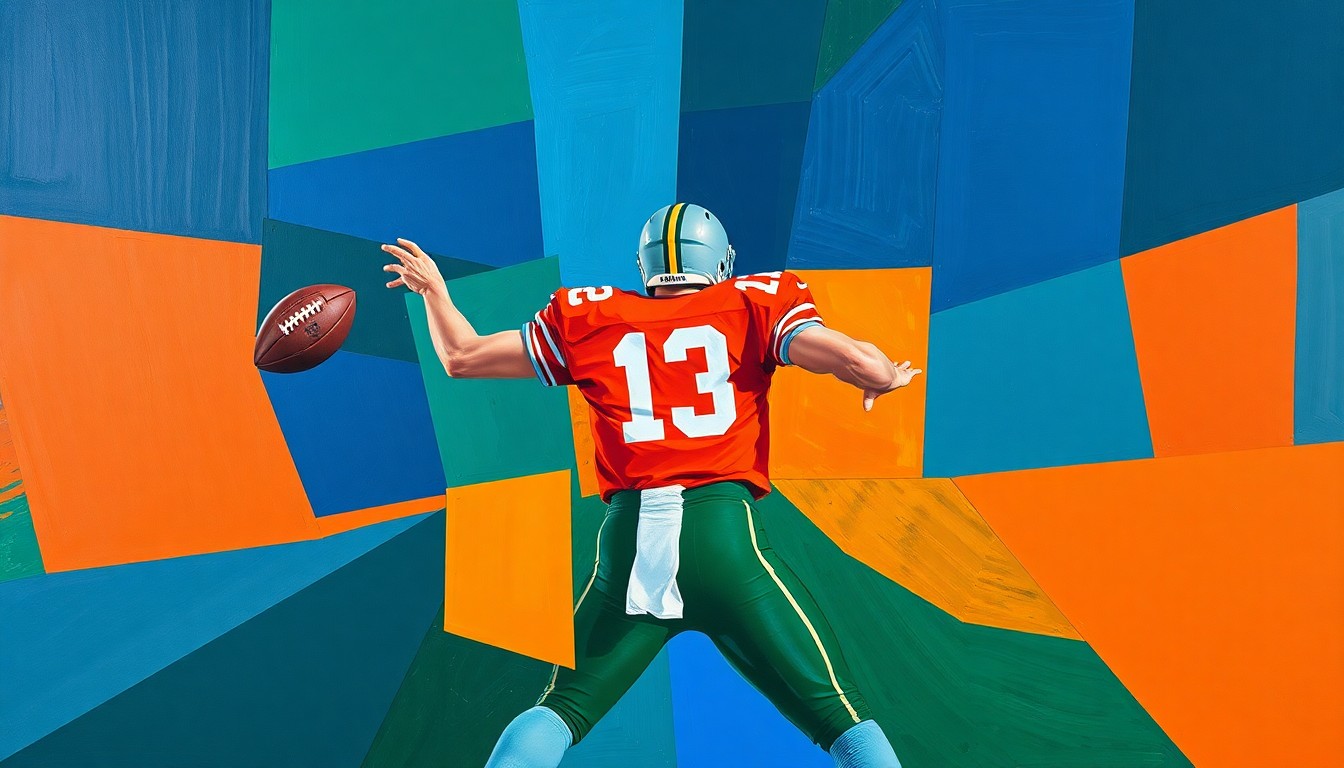 A fragmented, geometric painting depicting a quarterback in motion, with sharp planes of color and overlapping perspectives capturing the energy and intensity of the sport.