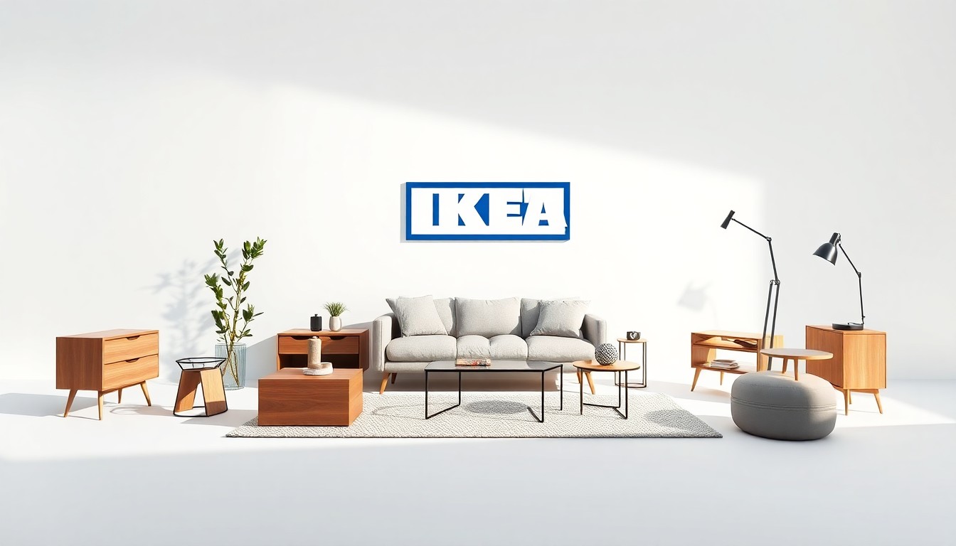 A sleek, minimalist studio still life photograph featuring a collection of geometric IKEA furniture pieces and home decor items arranged elegantly on a clean, monochromatic background, conceptually representing the brand's modern design aesthetic and its strategy to adapt to urban retail environments.