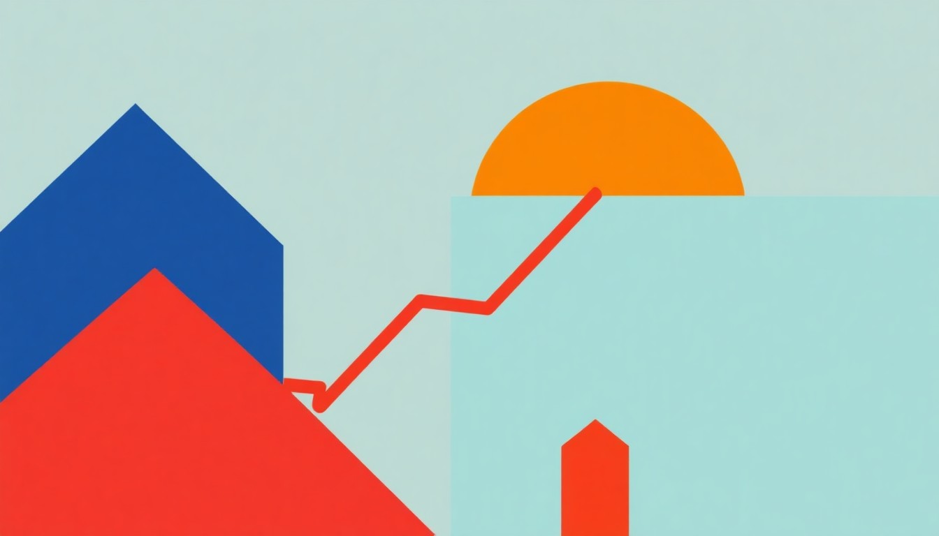 A minimalist illustration composed of intersecting triangles and rectangles in shades of blue, green, and yellow, conceptually representing the steady nature of mortgage rates despite broader economic volatility.