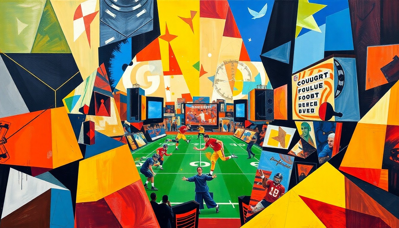 A fractured, geometric painting depicting the high-pressure world of college football recruiting, with sharp, overlapping planes of color and form that convey the systemic challenges facing the industry.