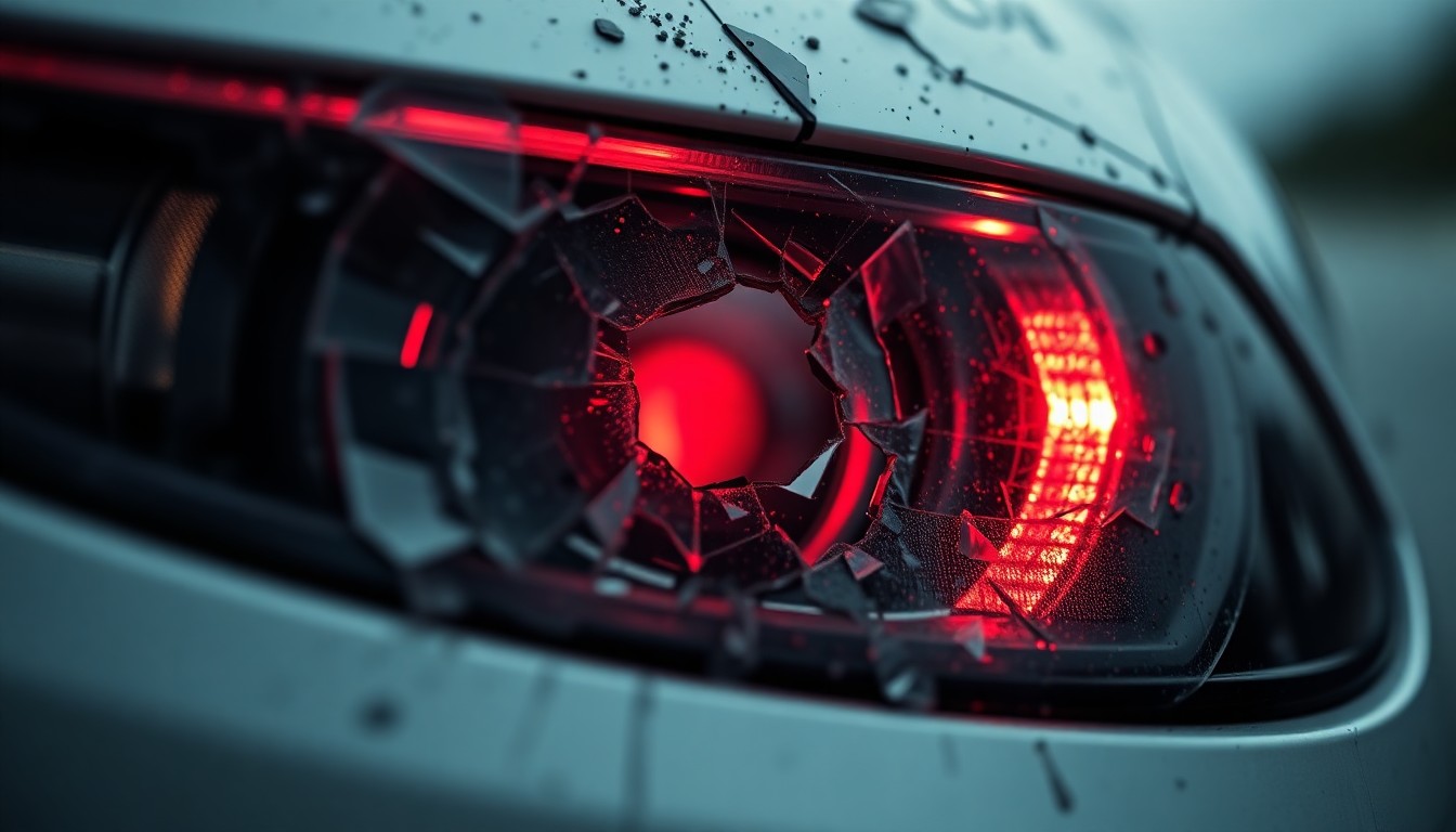 An extreme close-up of a shattered car sensor lens reflecting a faint red light, conceptually illustrating the vandalism of self-driving cars.