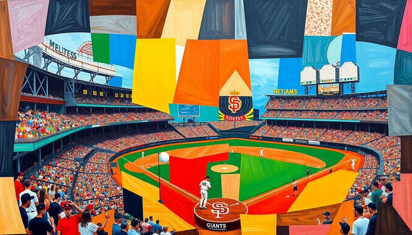 A cubist, geometric painting depicting a baseball game in progress, with the players and field fragmented into sharp, overlapping planes of color representing the vibrant energy and strategic complexity of the new automated ball-strike challenge system.
