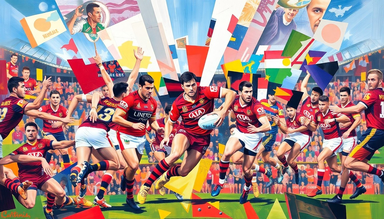 A cubist, geometric illustration depicting overlapping and fragmented rugby players in motion, with the vibrant colors of the Hull KR and Brisbane Broncos uniforms creating a dynamic and visually striking composition.