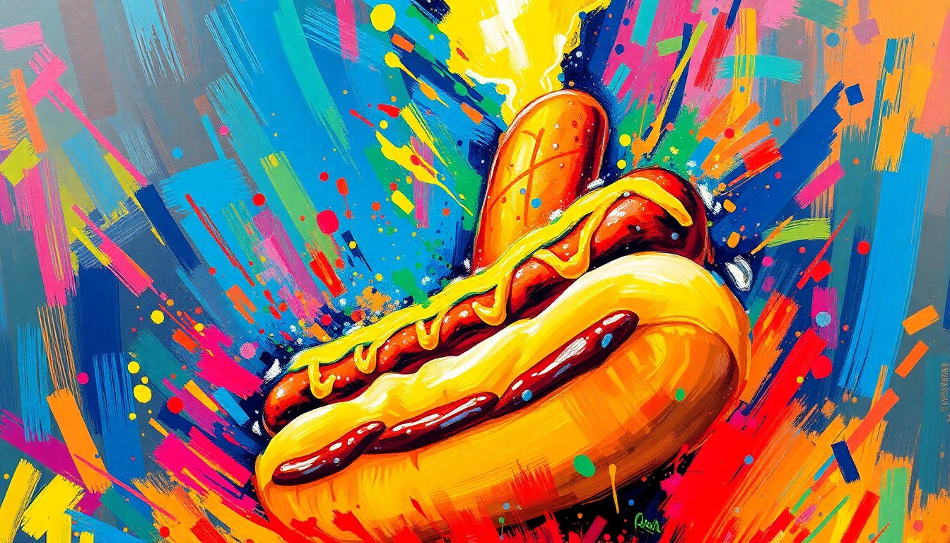 A vibrant, expressionist painting depicting a towering, neon-colored hot dog with steam rising from it, the central focus of the image surrounded by a background of dissolving color splatters.