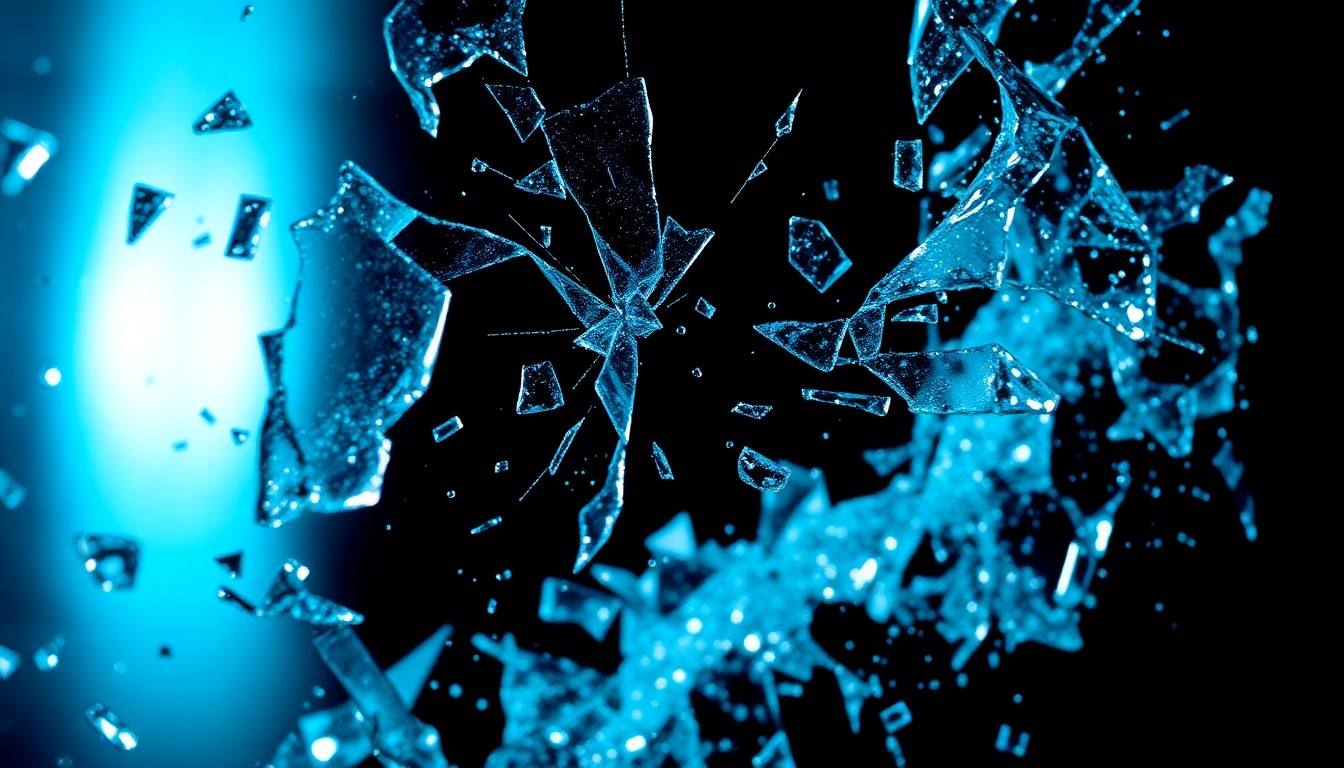 An abstract close-up image of shattered glass reflecting dramatic studio lighting, conveying the visceral and taboo appeal of the 'Faces of Death' horror franchise.