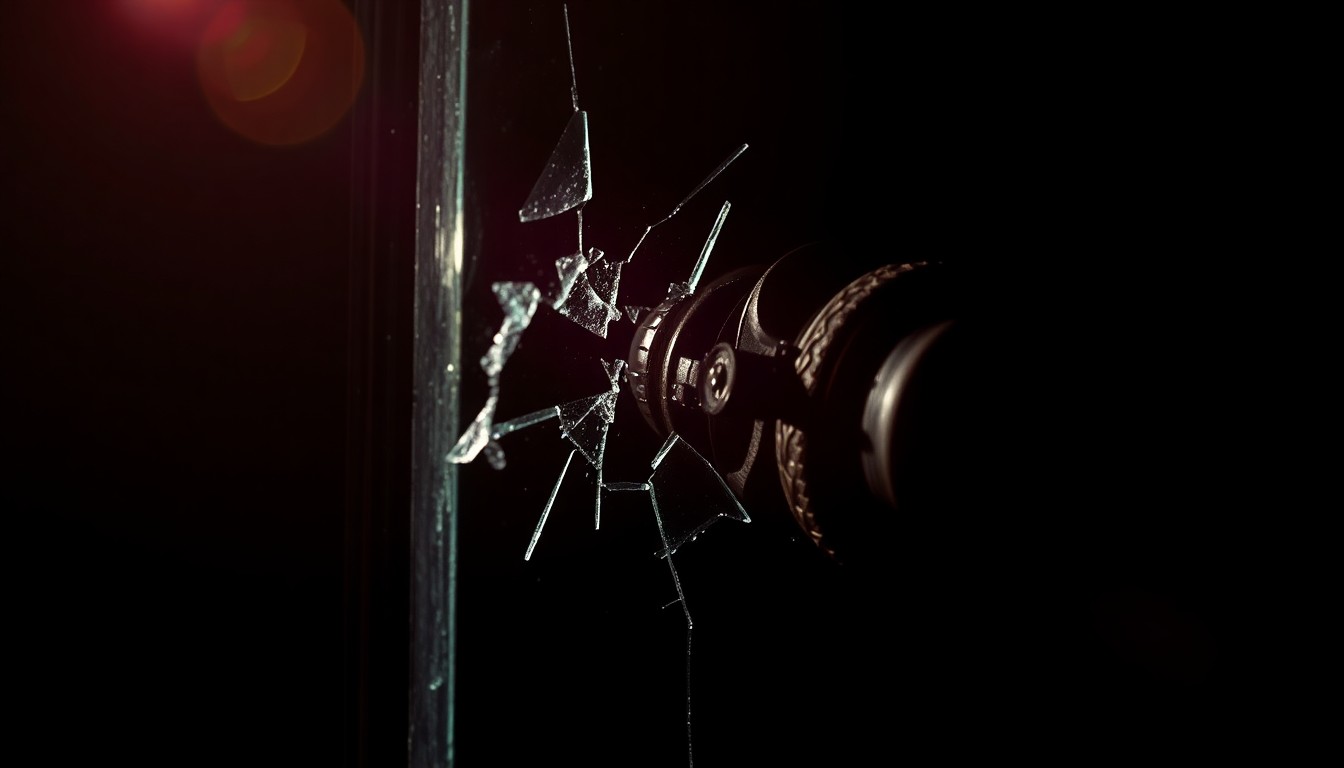An extreme close-up photograph of a shattered glass door lock mechanism, lit by a harsh, direct camera flash against a pitch-black background, conceptually illustrating the aftermath of a commercial burglary.