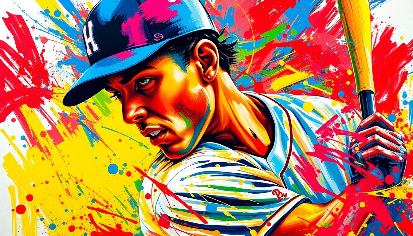 An abstract, energetic painting in neon colors depicting the dynamic movements of a baseball player, with their features obscured by the expressive brushstrokes, conveying the raw power and potential of a rising star.
