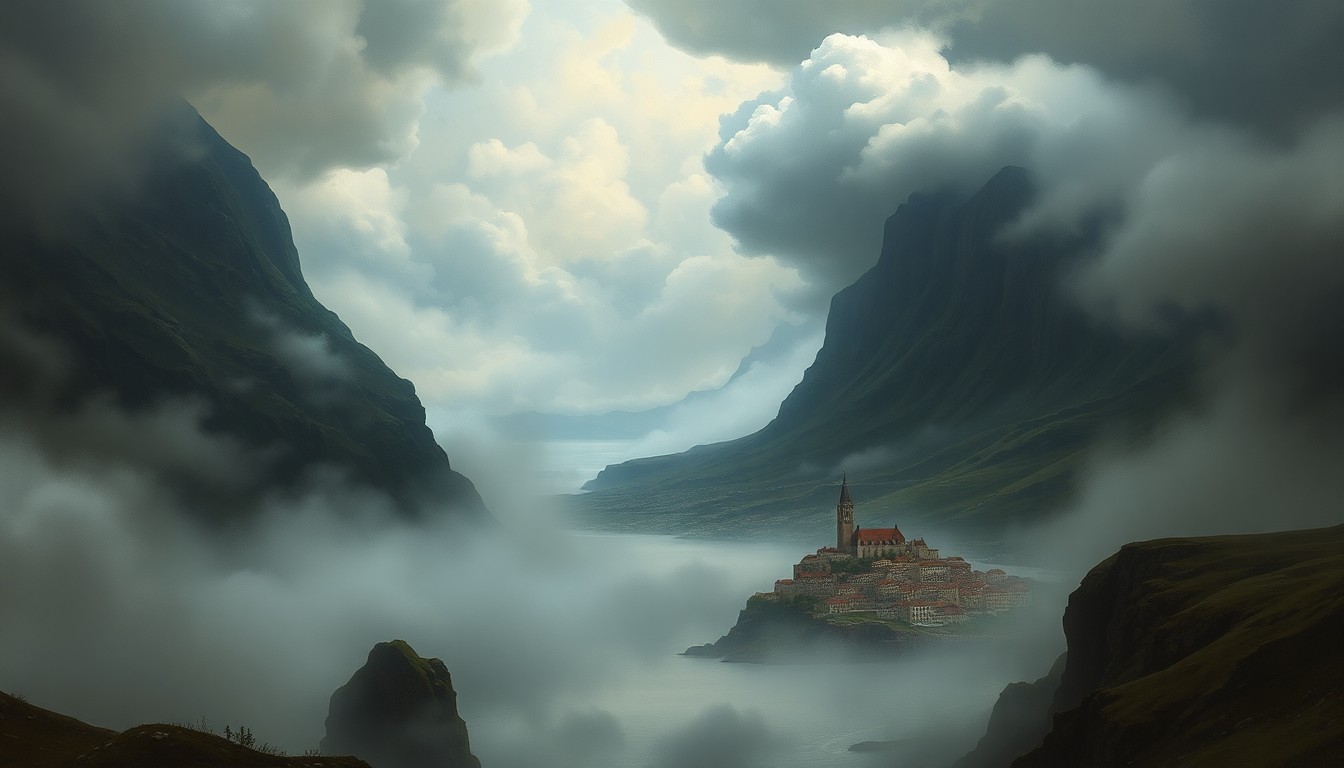 A vast, atmospheric landscape painting featuring a remote coastal town dwarfed by towering cliffs and a turbulent, stormy sky, conveying the raw power of the natural world.