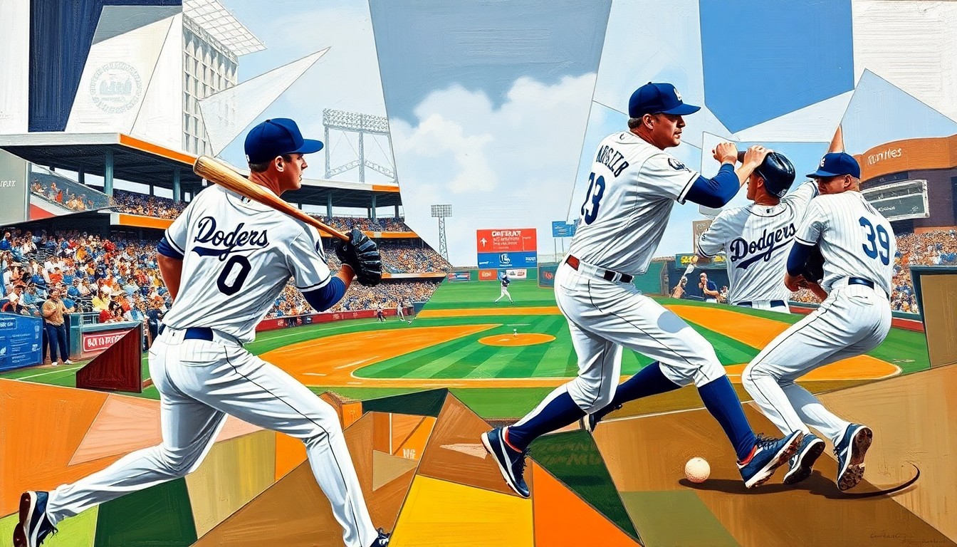 A fractured, cubist-style painting depicting the dynamic motion and energy of a baseball game, with the players' forms abstracted into sharp, overlapping geometric shapes and planes.