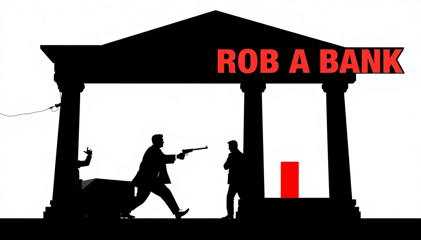 A bold, abstract composition of jagged geometric shapes and stark black silhouettes in high-contrast red and white, capturing the tension and intensity of the heist thriller How to Rob a Bank.