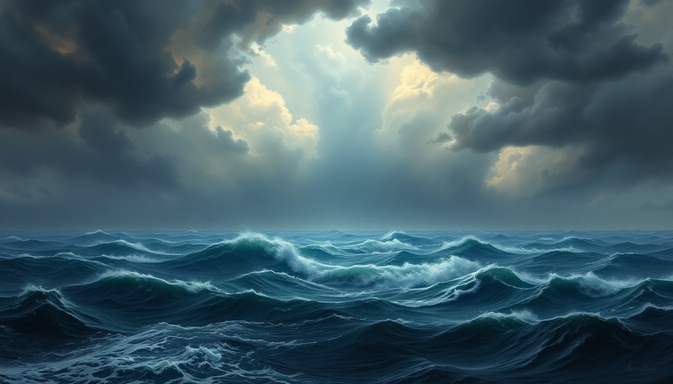 A sweeping, atmospheric landscape painting in muted tones of gray, blue, and green, depicting a turbulent seascape with towering waves and ominous clouds filling the sky, conveying the overwhelming scale and force of an impending coastal storm.
