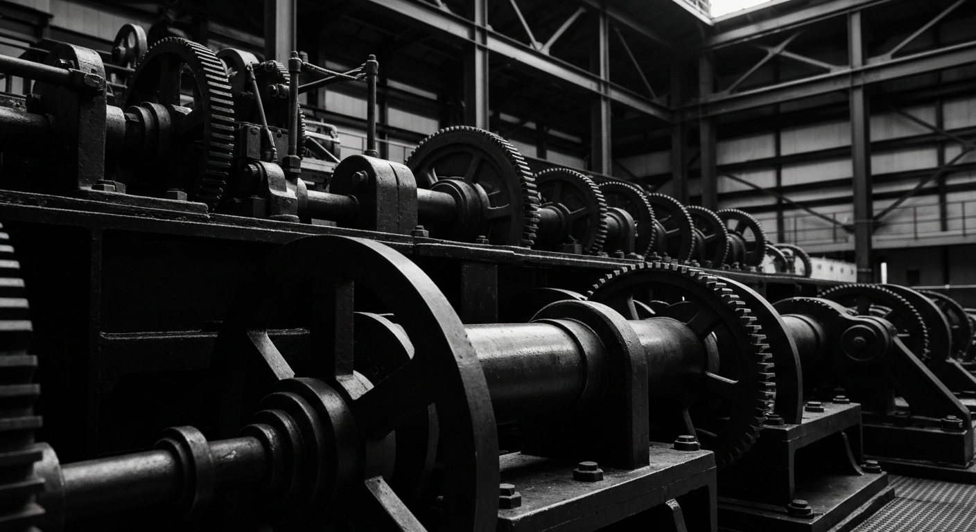An extreme close-up of the gears, pulleys, and mechanical components that power the convention center facilities at Ryman Hospitality Properties' resort destinations, conveying the complex machinery that enables these large-scale hospitality operations.