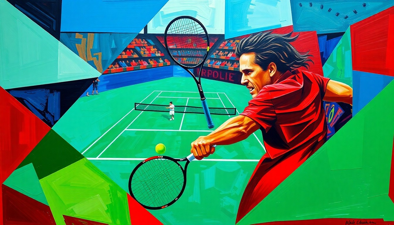 A fractured, geometric painting depicting a tennis match or tournament, with sharp planes of color and overlapping perspectives representing the complex, multifaceted nature of Ben Shelton's rapid ascent to the top of the sport.