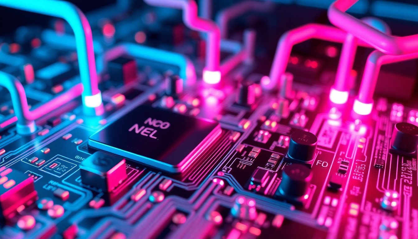 A highly detailed, glowing 3D macro illustration of a futuristic circuit board with pulsing neon cyan and magenta lights, conceptually representing the advanced technologies that enable modern digital connectivity and computing.