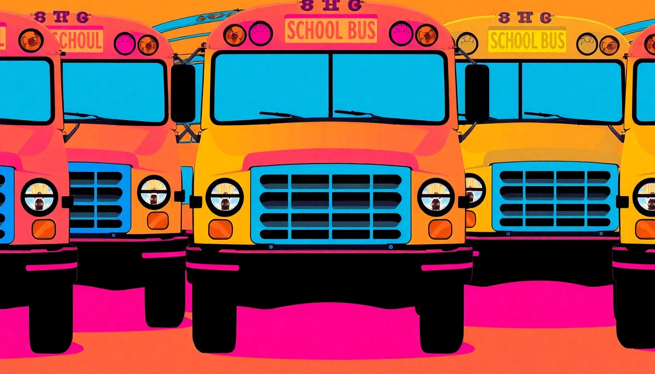 A vibrant, high-contrast silkscreen print of a single school bus icon repeated in a grid pattern, rendered in bold neon colors and heavy black outlines to capture the energy and disruption of a potential district-wide strike.