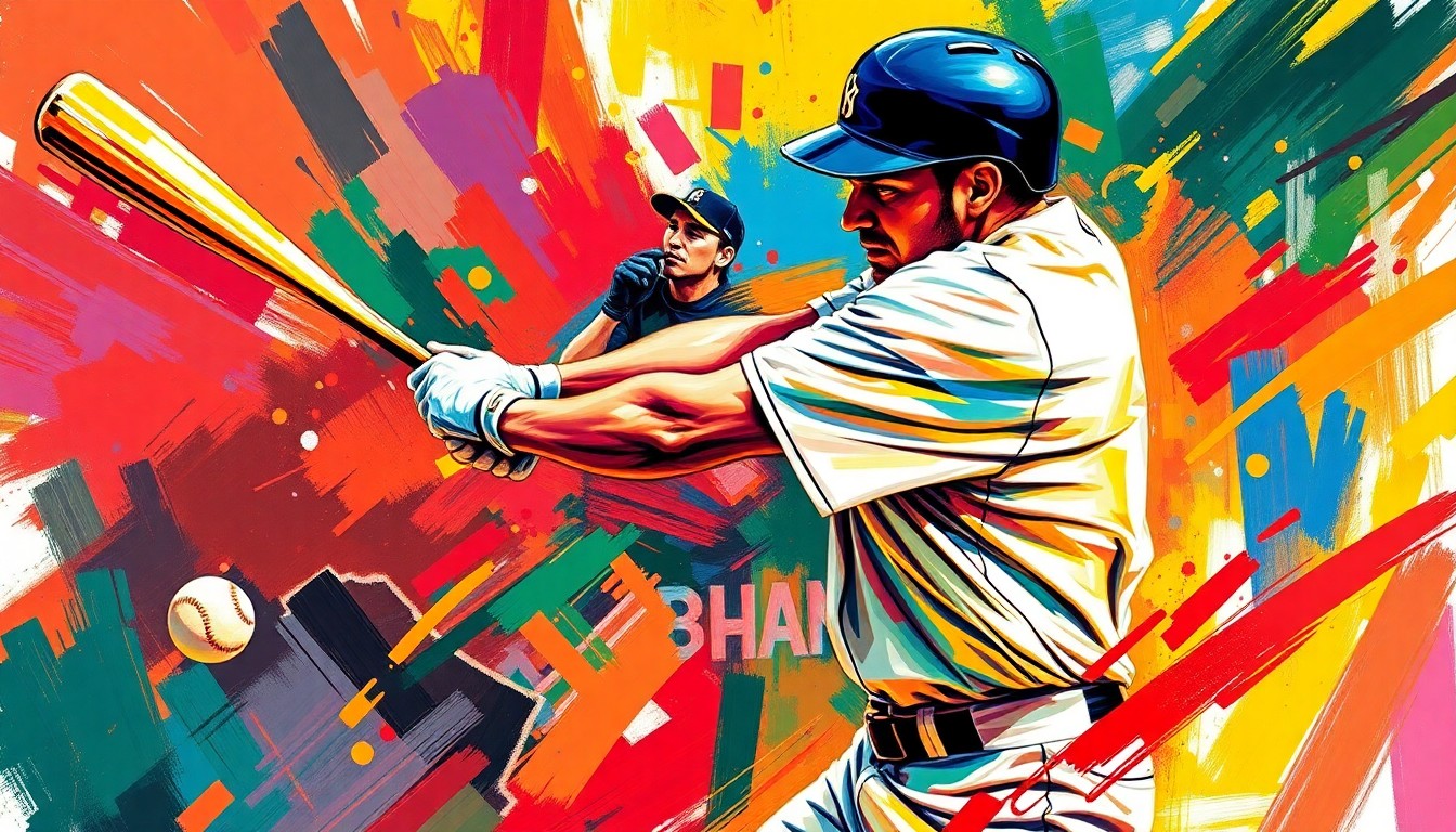 An abstract, expressionist painting in neon colors depicting the powerful swing and impact of a baseball player, conceptually representing the energy and momentum of a home run.