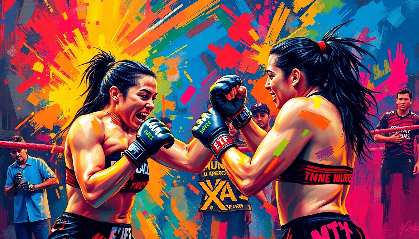 An extreme close-up of two MMA fighters engaged in an intense training session, their movements captured in a vibrant, expressionist style using rapid brushstrokes and neon colors to convey the raw energy and determination of their preparation for an upcoming title fight.