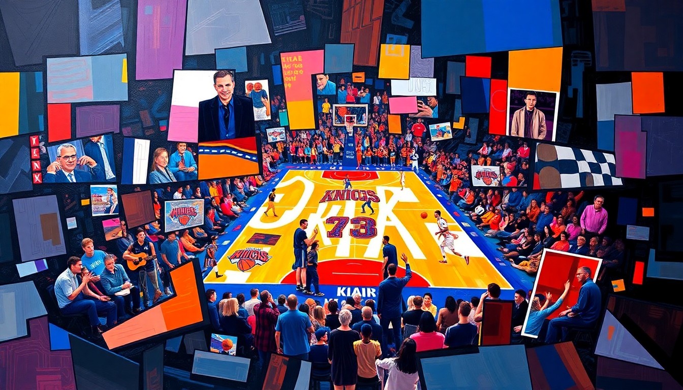 A cubist-style painting featuring overlapping geometric shapes and planes in vibrant colors, representing the emotional journey of the Liau family and the generosity of the Knicks organization.