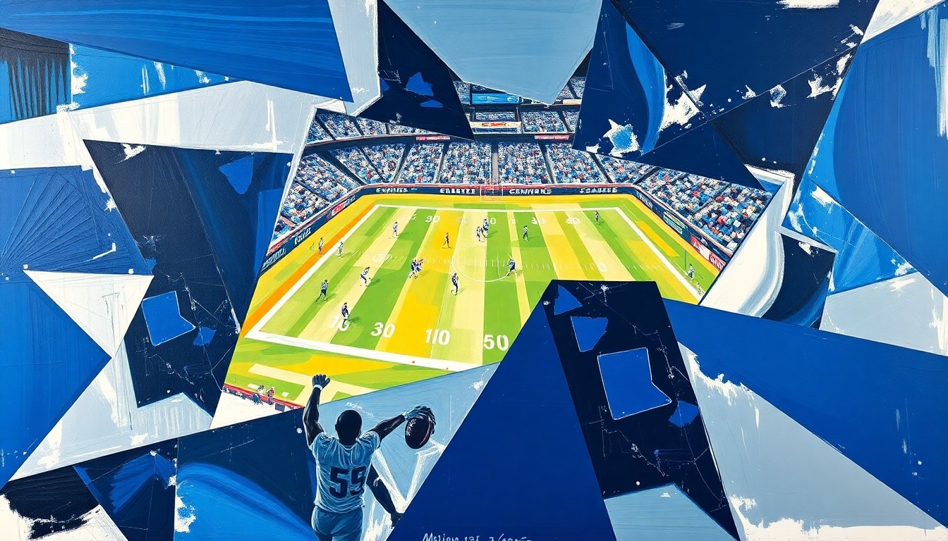 A cubist, geometric painting depicting a fragmented football field with players and equipment rendered in sharp, overlapping planes of navy blue, silver, and white, capturing the dynamic, multi-faceted nature of the Cowboys' defensive strategy.