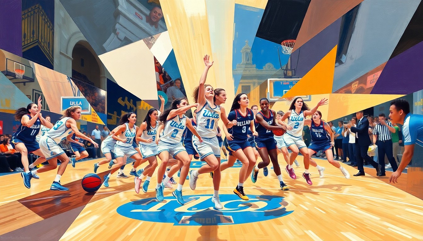 A fragmented, geometric painting in bold colors depicting the dynamic action and energy of a basketball game, conveying the Bruins' championship triumph through an abstract, deconstructed visual style.