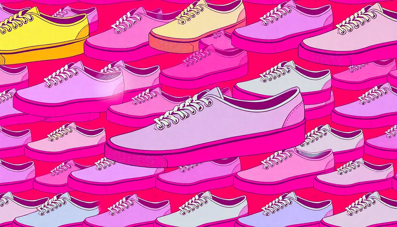 A vibrant, high-contrast silkscreen print of a Vans OTW Authentic Oxford shoe repeated in a grid pattern, using bold neon colors and heavy black outlines to transform the shoe into a modern pop art piece.