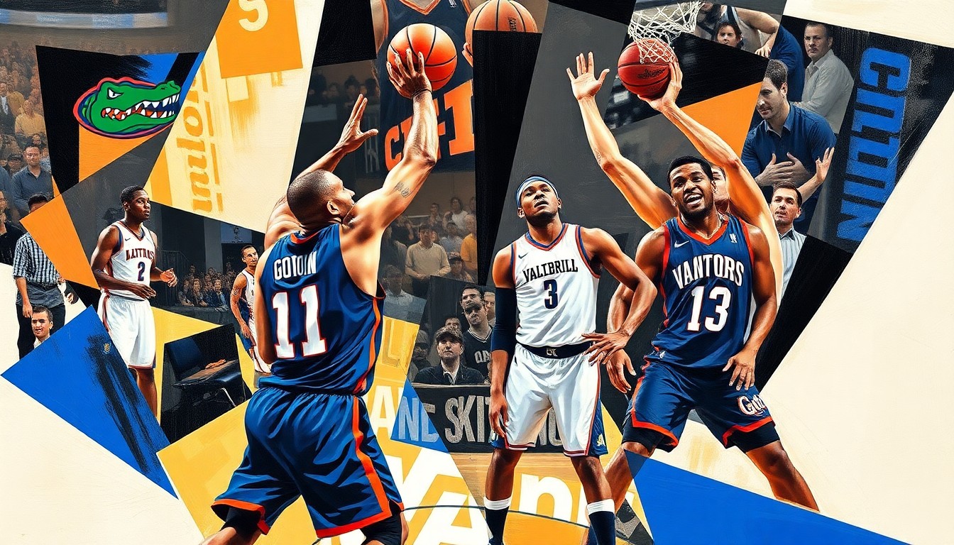 A fragmented, geometric painting depicting a basketball game, with the players' jerseys reduced to abstract shapes and colors, capturing the unexpected nature of the Florida Gators' victory.